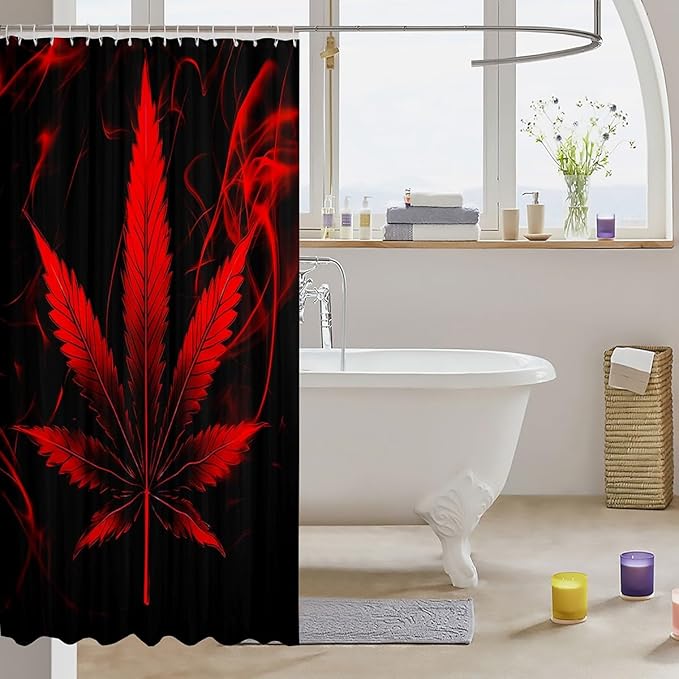 Red Marijuana Leaf Shower Curtains for Kids Boys Girls Teens Peace Art Shower Curtain with Hooks Red and Black Theme Polyester Bathroom Curtain Set 72Wx72L Waterproof