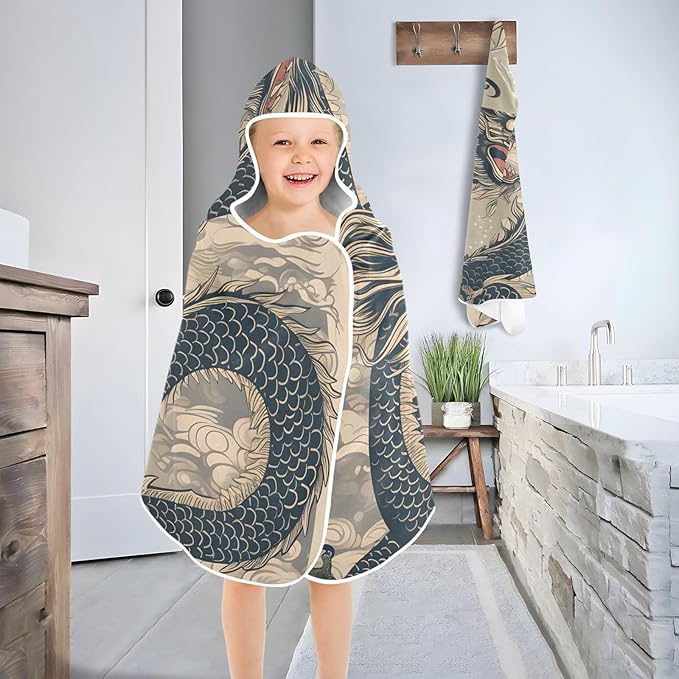 SUABO Kids' Bath Towels Chinese Dragon Painting Hooded Towels for Boys Girls,Toddler Towels Multi-Purpose for Beach,Pool and Bathroom,23.5" x 50", Soft and Highly Absorbent