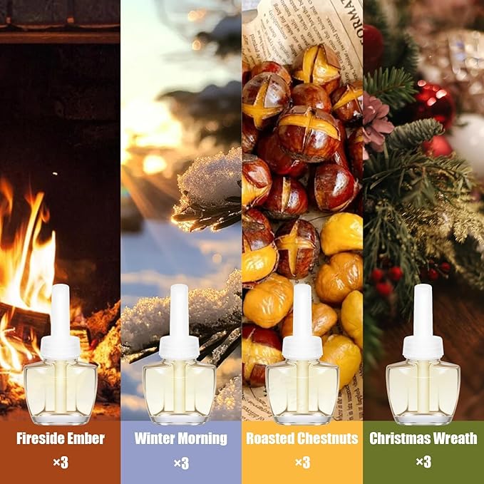 Plug Ins Refills Air Freshener 12 Pack, Fireside Ember, Winter Morning, Roasted Chestnuts, Christmas Wreath, Long Lasting Plug in Refills, Compatible with Air Wick & Glade, Not Include Glade Plus