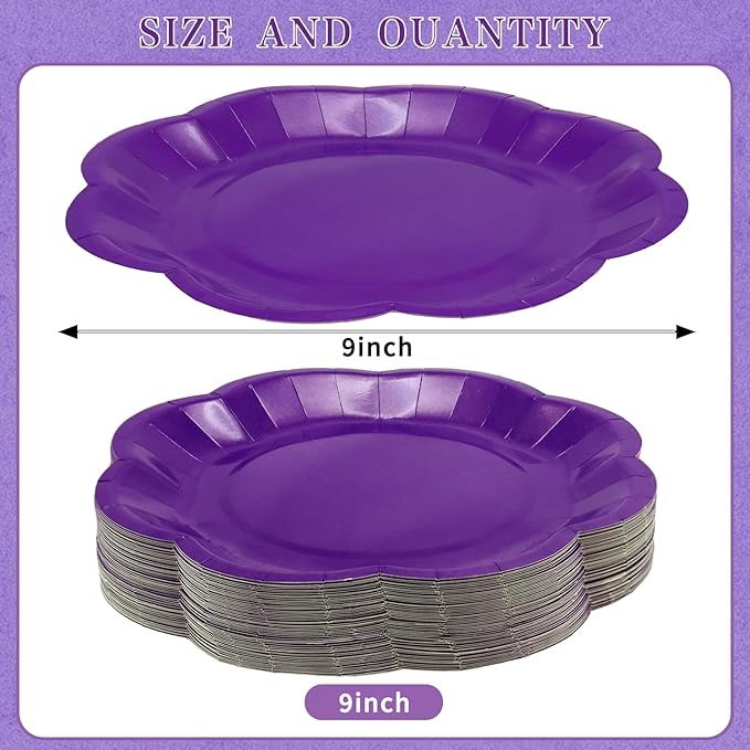 Purple Plates Party Supplies,9 inch Purple Paper Plates Disposable Scalloped for Birthday Cake Plate Baby Shower Dinner Wedding Dessert Party