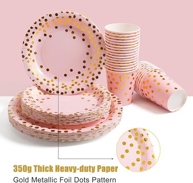 HOMIX Pink and Gold Party Supplies, Disposable 175Pcs Gold Dots on Pink Paper Plates Cups and Napkins, Gold Plastic Knives Spoons Forks for Baby Shower Wedding Party Bridal Shower Serves 25