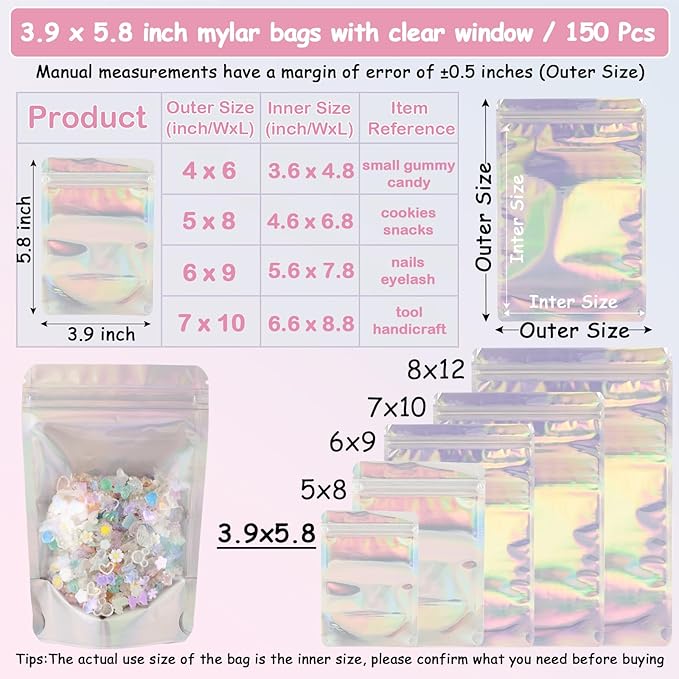 150 Pcs Mylar Bags for Food Storage, 4x6 Mylar Bag with Window Stand Up, Small Holographic Resealable Bags Smell Proof Bag Food Packaging for Small Business Freeze Dried Candy Jewelry Foil Packaging