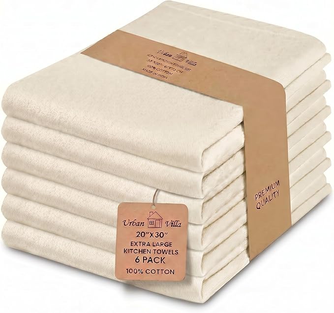 Urban Villa Kitchen Towels 100% Cotton Dish Towels for Kitchen(Set of 6) 20”x30” Dish Cloths Highly Absorbent Kitchen Linen Set with Hanging Loop Perfect for Drying – Ivory.