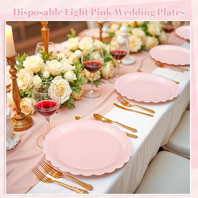 NatNarr 30 Pcs Pink Paper Plates 9 Inch Scalloped Pink Plates Cute Dessert Cake Party Plate for Girls Birthday, Baby Bridal Shower, Wedding