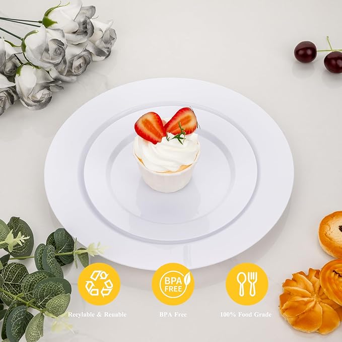 Goodluck 200PCS White Plastic Plates, Heavy Duty Disposable Plates with 100 10.25 inch Dinner Plates and 100 7.5 inch Dessert Plates for Party, Holiday, Wedding