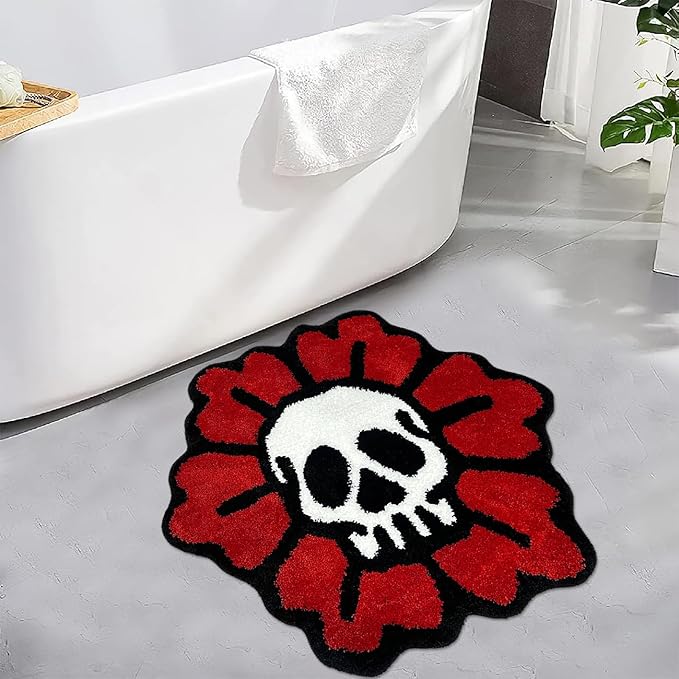 Trippy Skull Rug Cool Bathroom Rugs Gothic Red Flower Tufted Extra Soft Water Absorbent Quick Dry Bathroom Mat Non Slip Bath Mat Halloween Horror Goth Decor Carpet, 2.6 x 2.6FT