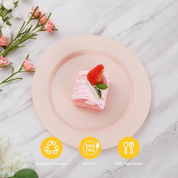 Goodluck 200PCS Disposable Pink Plastic Plates, Heavy Duty Disposable with 100 10.25 inch and 100 7.5 inch Dessert Plates for Party, Wedding, Baby Shower