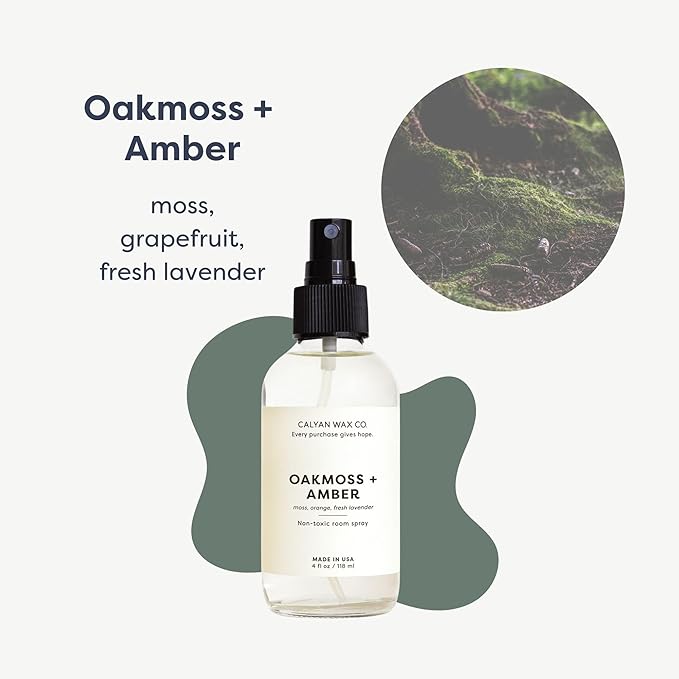 Calyan Wax Co. Oakmoss & Amber Room Spray - Clean Air Freshener - Natural Room Deodorizer - Air Freshener Spray for Home - 4 fl oz