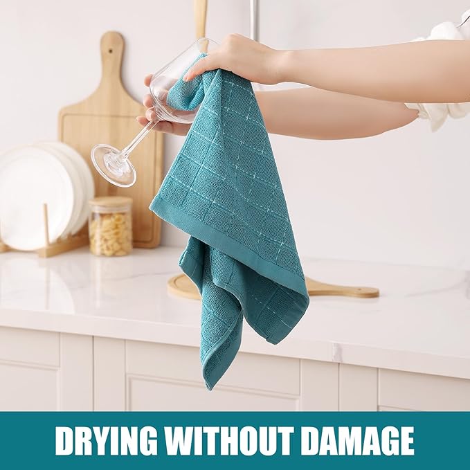 Homaxy 100% Cotton Terry Kitchen Towels(Lake Blue, 13 x 28 inches), Checkered Designed, Soft and Super Absorbent Dish Towels, 12 Pack