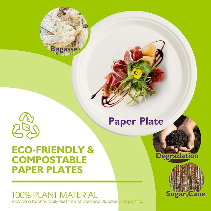 Compostable Paper Plates 9 Inch 125 Pack, Biodegradable Disposable Plates Heavy Duty White Plates, Made of Natural Sugarcane Bagasse, Unbleached Round Dinner Plates