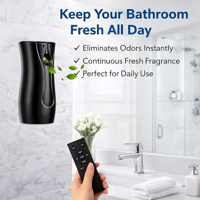 Automatic Air Freshener Dispenser 2-Pack with Remote, Battery Operated Wall Mount or Freestanding Spray, Adjustable Timer for Bathroom, Office & Home (BLACK)