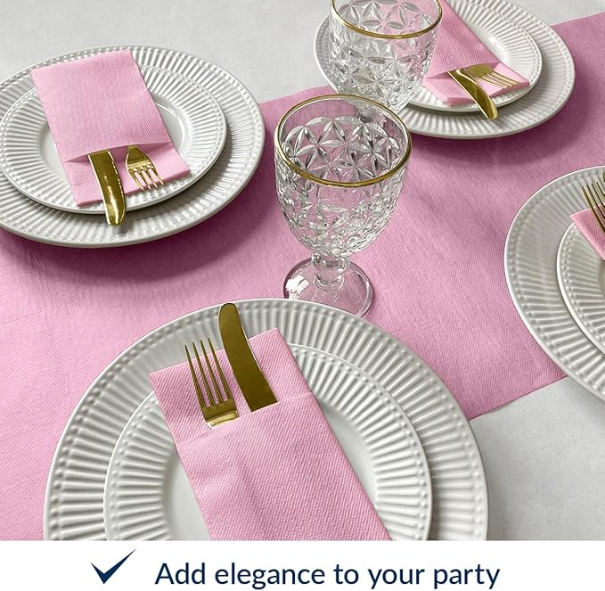 PAW - Baby Pink Linen Feel Napkins with Built-in Flatware Pocket, Airlaid Paper Pre-Folded Napkins for Silverware, Baby Shower, Gender Reveal, Wedding Party, Birthday, Monocolor, 50 Count