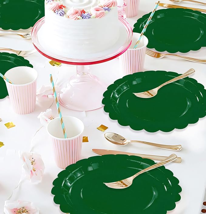 HEIPINIUYE 25 Pieces Green Paper Plates 9 Inch Green Scalloped Plates Disposable Dinner Plates for Wedding Baby Shower Birthday Christmas Party Dessert Plates