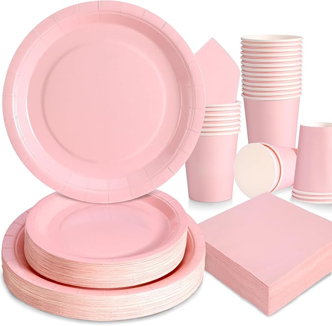 200 Pcs Baby Pink Plates and Napkins Party Supplies, Girl Baby Shower Plates and Cups and Napkins Sets Serves 50, Light Pink Party Decorations, Bow Birthday Decorations