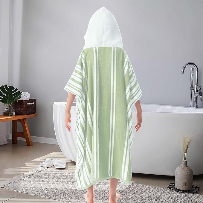 VOOVA & MOVAS Hooded Poncho Towel for Teens Unisex, 100% Cotton Ultra Soft Lightweight Beach Swim Bath Cover Up, Light Green Stripe