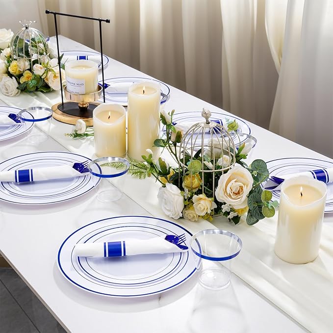 WELLIFE 210 Piece Blue Disposable Dinnerware Set,Plastic Plates for Party, Include: 30 Dinner Plates, 30 Dessert Plates, 30 Pre Rolled Napkins with Gold Silverware and 30 Gold Cups