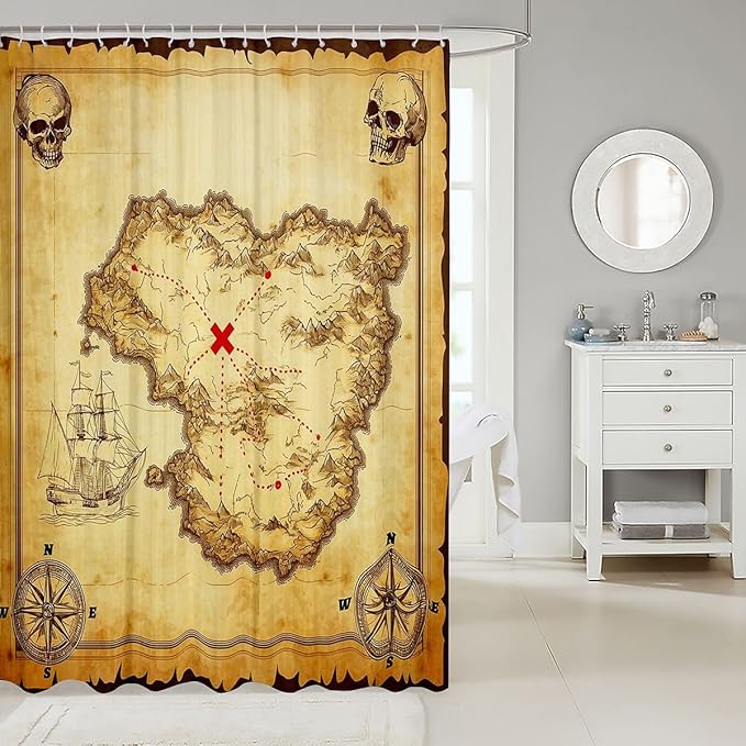 Feelyou Nautical Island Map Shower Curtain Kids Vintage Old Map Pirate Ship Bath Curtain Ocean Ancient Pirate Skull for Stalls Bathtubs Cloth Fabric Bathroom Decor 72" Wx78 L