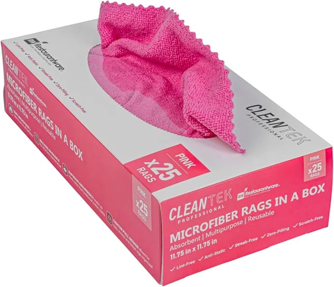 Restaurantware-Clean Tek Professional 11.81 x 11.81 Inch Microfiber Rags In a Box, 250 Absorbent Cleaning Cloths - No-Scratch, Pink Microfiber Reusable Edgeless Cleaning Towels, Leaves No Streak