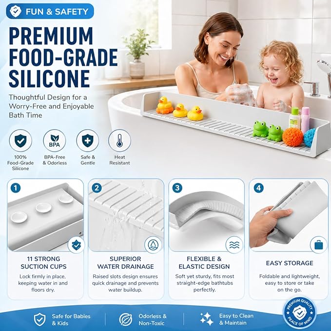 Bathtub Splash Guard for Kids, Silicone Tub Edge Guard & Splash Barrier with Strong Suction Cups, Bath Toy Shelf & Tray Holder, Prevent Water Spills on Bathroom Floor, Extra Long Tub Ledge Shelf