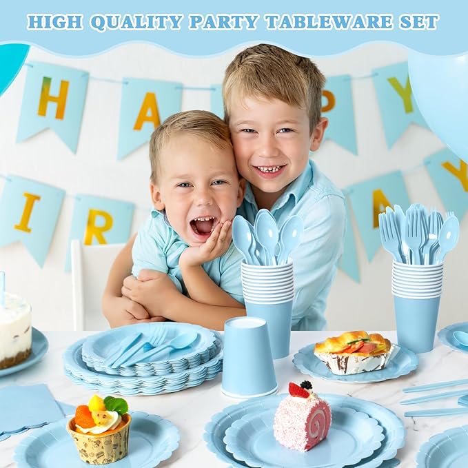 Vyntra 175 Pcs Light Blue Disposable Paper Plates and Napkins Set for 25, 9" Dinner Plates & 7" Dessert Plates, Tableware for Baby Shower, Birthday, Picnic, Party