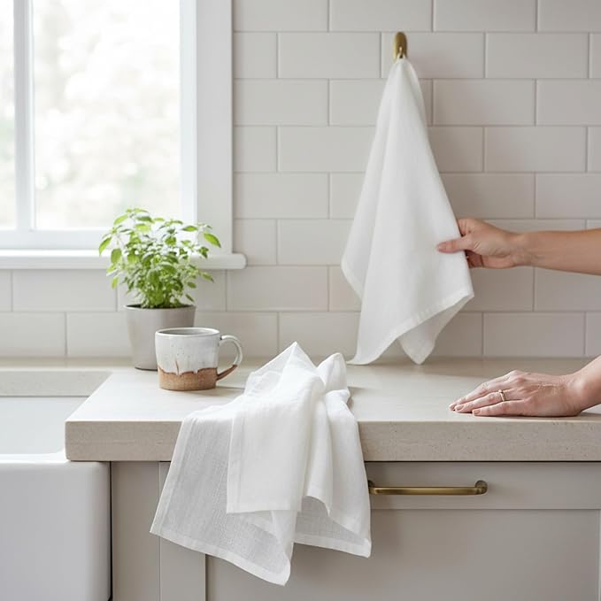 Linen Kitchen Dish Towels - 20 x 27 inch – 100% Pure Stonewashed Linen Hand Towel/Tea Towel - Set of 2 (White)