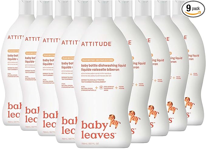 ATTITUDE Baby Bottle & Dish Soap, EWG Verified Bottle Cleaner, Dye Free, Removes Milk Residue & Grease, Vegan, Pear Nectar, 23.7 Fl Oz (Pack of 9)