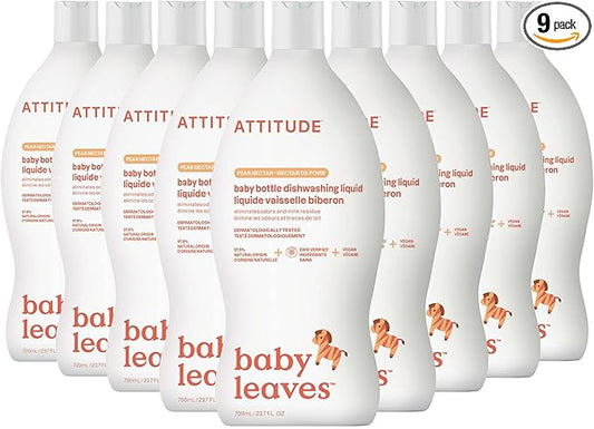 ATTITUDE Baby Bottle & Dish Soap, EWG Verified Bottle Cleaner, Dye Free, Removes Milk Residue & Grease, Vegan, Pear Nectar, 23.7 Fl Oz (Pack of 9)