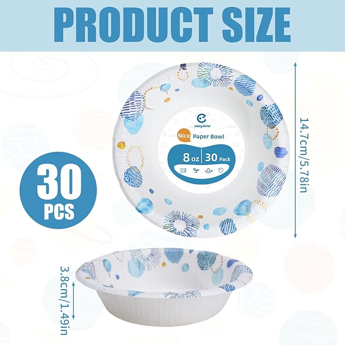 30 Pack Paper Bowls, 8 Oz Disposable Soup Bowl, Heavy Duty Printed Disposable Bowls Bulk For Snacks, Dessert, Breakfast, Lunch And Dinner Meals (Blue)