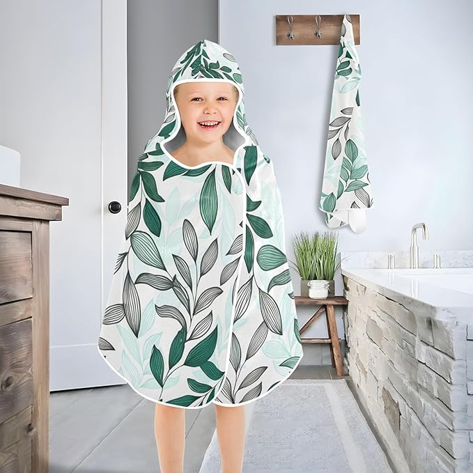 CEBUGI Dark Green Leaves Hooded Bath Towel for Kids Absorbent Soft Bath Towel Wrap with Hood 50x23.5in Pool Beach Shower Towel for Boys Girls