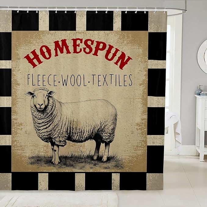 Feelyou Farm Shower Curtain Rustic Farmhouse Sheep Pattern Comforter Cover for Kids Teens Buffalo Check Bath Curtain Waterproof Farm Animal Pattern Kids Bathroom Accessories 72"x78"