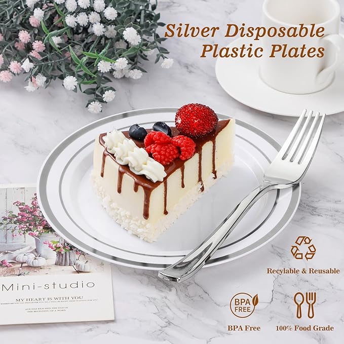 BESTVIP 100PCS 7 Inch Silver Plastic Dessert Plates, Disposable Plate with Silver Rim for Salad/Samll Cakes, Heavy Duty Plates for Party, Wedding and Birthday, Events