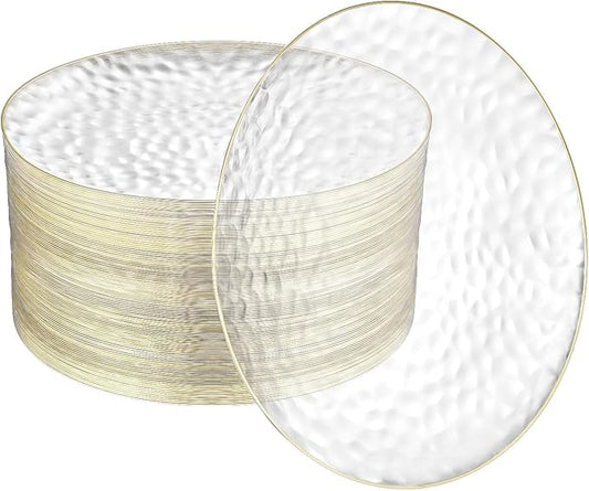 R-kay 100 Pack Clear Plastic Plates For Wedding - 10 IN Hammered Gold Rimmed Sturdy, Durable And Extra Heavy duty Gold Plastic Plates For Party - Bulk Disposable Plates For Weddings