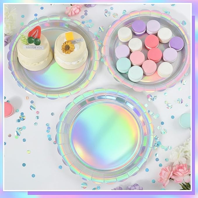 NatNarr 30 Pcs Iridescent Plates Disposable 9 Inch Scalloped Holographic Plates Sliver Birthday Cake Dessert Plate for 2026 Graduation, Mermaid, Disco, Unicorn Birthday
