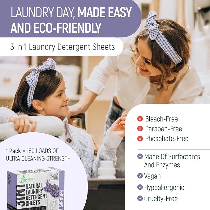 60 Loads Natural Laundry Detergent Sheets - All Natural Biodegradable And Dissolvable Washing Machine Dry Soap Laundry Detergent Strips, Mess Free, Eco Friendly, 30 Sheet Pack (Calm Lavender)