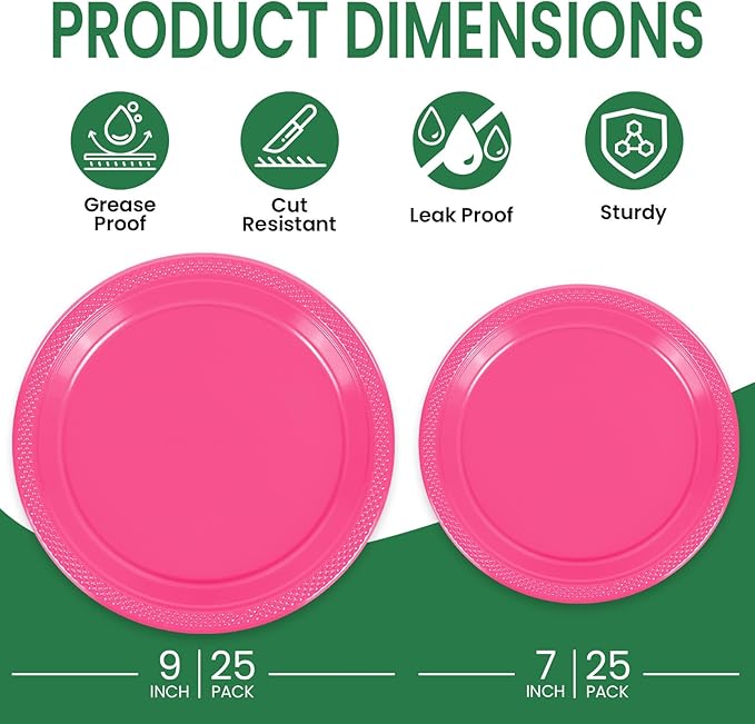 LANLISA 50 Pcs Hot Pink Plastic Plates For Party, 25-9" & 25-7" Disposable Cake Dessert Plates For Birthday, Valentines Day, Mothers Day Dinner