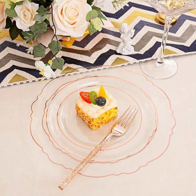 Liacere 150PCS Rose Gold Plastic Plates - Clear Rose Gold Disposable Plates with Glitter Bamboo Handle Cutlery - 60 Baroque Elegant Plates, 30 Forks, 30 Spoons, 30 Knives for Wedding ＆ Party