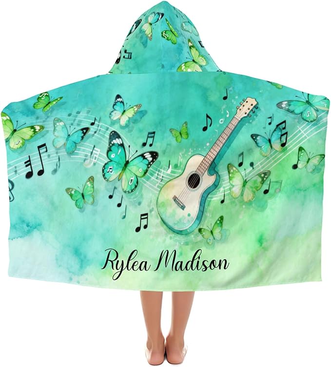 Music Guitar Butterfly Personalized Hooded Towel Absorbent Wrap Soft Pool Beach Bath Towels Hood Poncho for 5-12 Years Kids Boys Girls