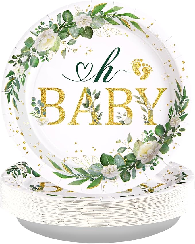 50Pcs Sage Green Baby Shower Round Plates 10'' Large Heavy Duty Disposable Green Eucalyptus Leaves Paper Plates Greenery Neutral Dessert Platters for Boys Girls Birthday Party Supplies Table Decor
