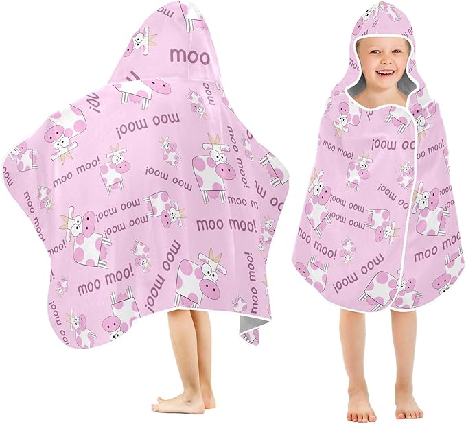 susiyo Kids Hooded Bath Towel Cow Cartoon Pink Beach Towel for Kids 23.5 x 50 Inch Microfiber Soft Absorbent Quick Dry Bath Swim Pool Towel Wrap Poncho Bathrobe with Hood for Kids Toddler