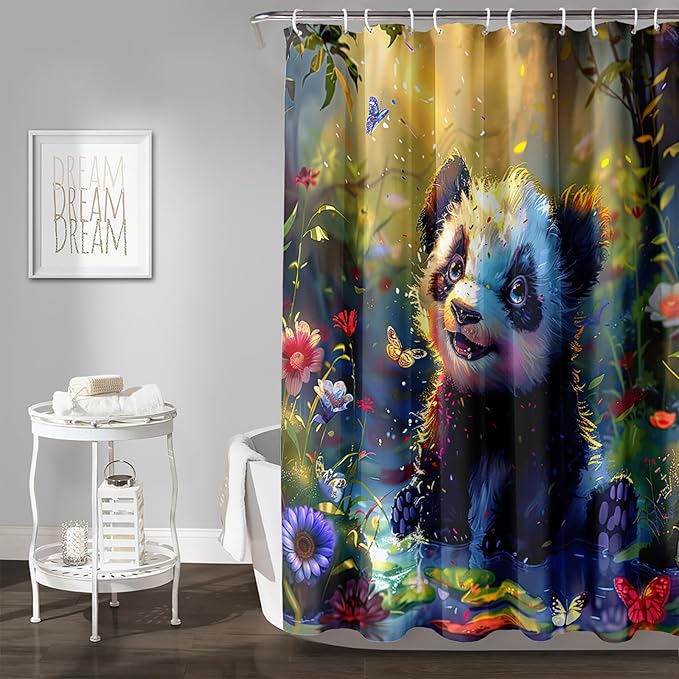 AILONEN Kawaii Panda Shower Curtain Set,Cute Animal Bathroom Decor for Kids Boys Girls,Floral Panda Waterproof Fabric Polyester Bath Curtain with Hooks,72" Wx72 H