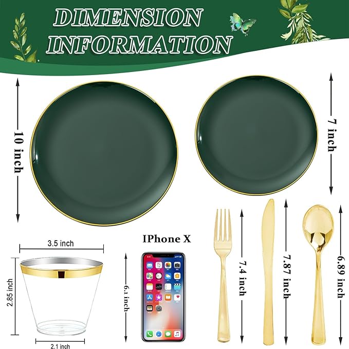 WDF 150Pcs Green Plastic Plates - Green Plates Disposable with Gold Rim - 25Guest Disposable Dinnerware Include 50 Plastic Plate 75 Gold Cutlery 25 9oz Cups for Wedding/Party/Birthday