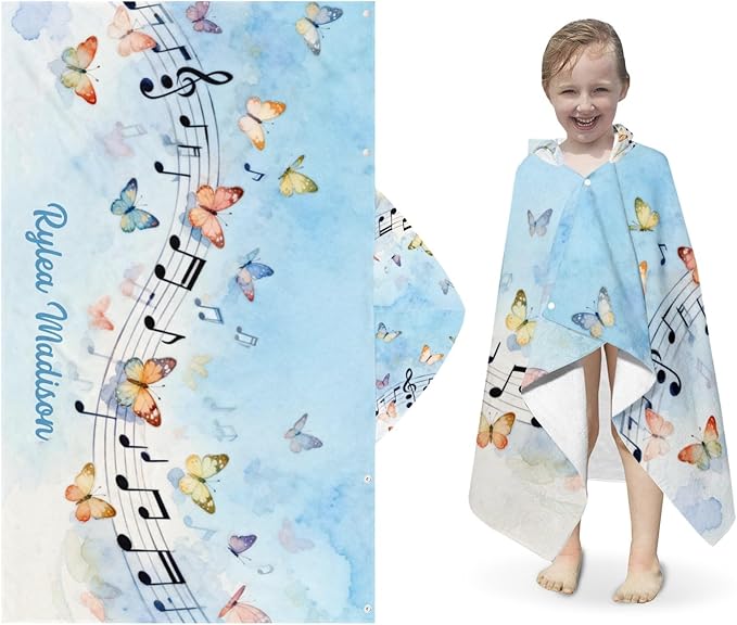 Music Notes Butterfly Blue Personalized Hooded Towel Absorbent Wrap Soft Pool Beach Bath Towels Hood Poncho for 5-12 Years Kids Boys Girls