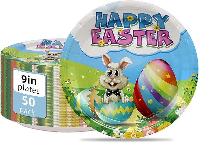 Easter Heavy Duty Paper Plates Bunny Disposable 9 inch Dinner Plates for Easter Party Decorations and Supplies (50 count)