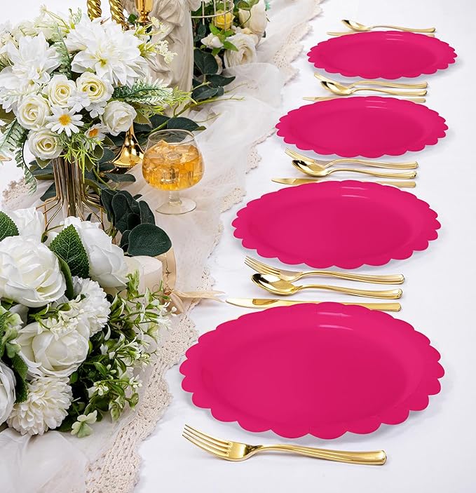 HEIPINIUYE 25 Pieces Hot Pink Paper Plates 9 Inch Disposable Hot Pink Scalloped Dinner Plates for Wedding Baby Shower Birthday Party Dessert Plate
