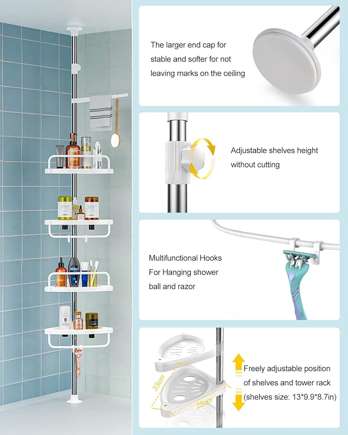 4 Layer Corner Shower Caddy, Stainless Steel Constant Tension Pole Shower Organizer, Adjustable Corner Shower Shelf, Rustproof 3.3 to 9.8 ft