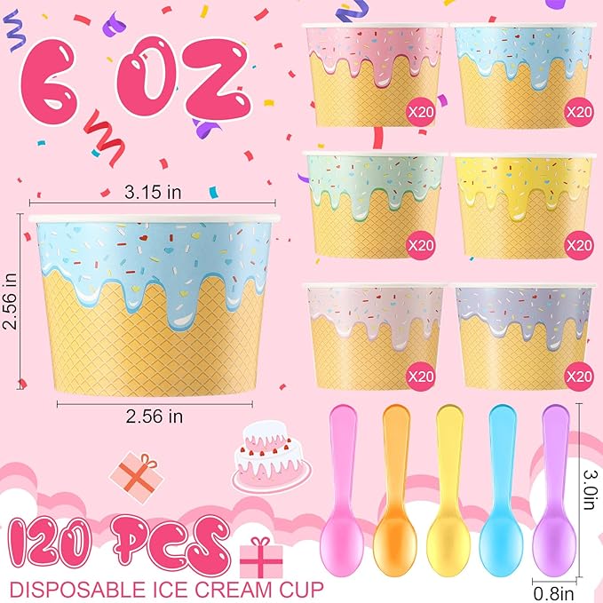 Jingmore 120 Set Paper Ice Cream Cups Bulk with Spoons 6 oz Disposable Sundae Bowls Colorful Paper Dessert Cups Containers for Snack Yogurt Soup Summer Bar Party Supplies