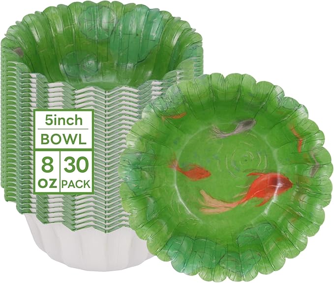 30 Pcs Small Paper Bowls, 8oz Floral Disposable Soup Bowl, Heavy Duty Printed Disposable Bowls For Snack,Dessert,Ice Cream,Salad, Party & Everyday Use(Swimming Fish)