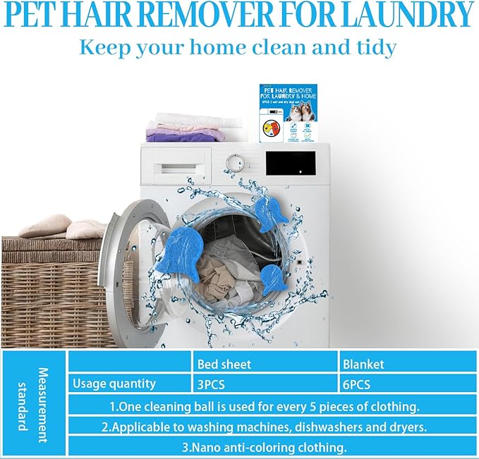 6 PCS Pet Hair Remover for Laundry- Effectively Removes Fur, Lint & Dander - Reusable, Eco- Friendly Laundry Pet Hair Catcher - Gentle Washing (Blue)