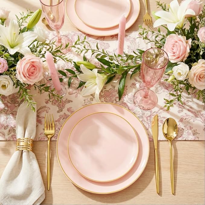 I00000 150 PCS Pink Plastic Plates for Party,Heavy Duty Pink Disposable Plates,Gold Dinnerware Set Include 30 Dinner Plates,30 Dessert Plates,30 Gold Plastic Silverware Set for Mother's Day