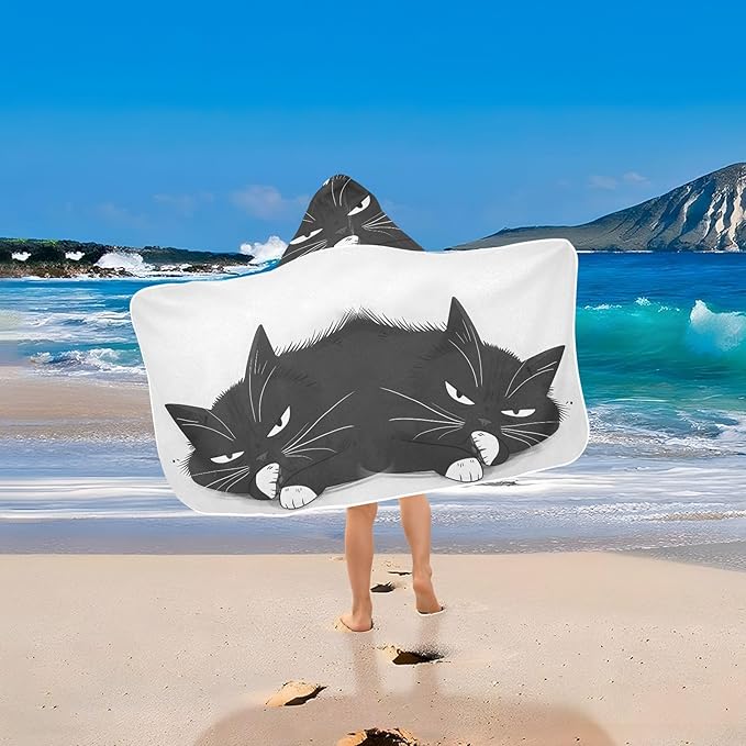 Hooded Towel for Kids Black Cat Lying Lazily Beach Wrap Bath Towels 50x23.5in